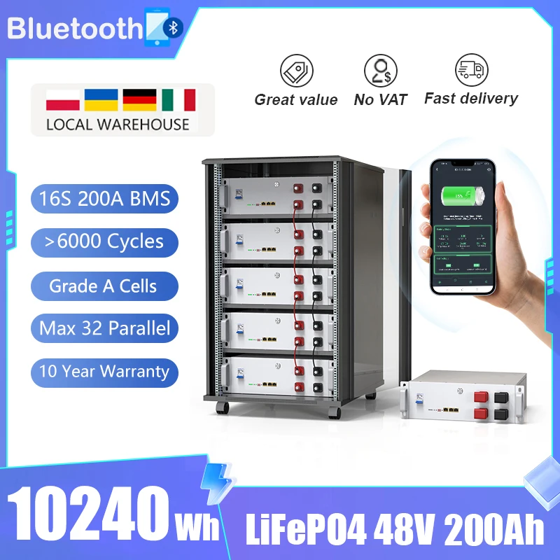 LiFePO4 48V 200Ah 10KW Lithium Battery 51.2V 100Ah 150Ah Bluetooth BMS Grade A 6