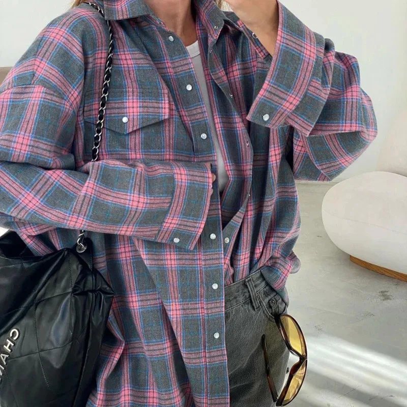 New Vintage Women Oversized Long Sleeve Plaid Shirt Blouse Tops Autumn Winter Bu