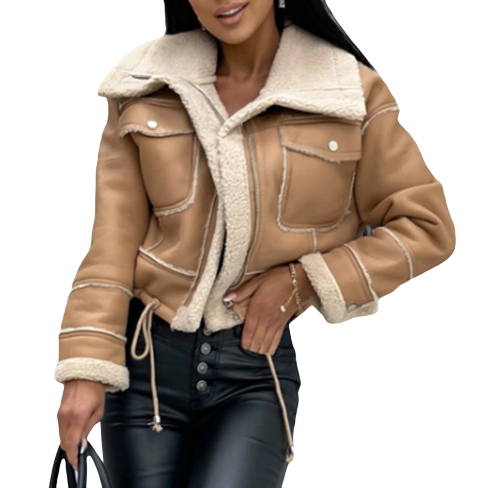 Women Winter Jacket Solid Color Street Coat Long Sleeve Zipper Closure Patchwork