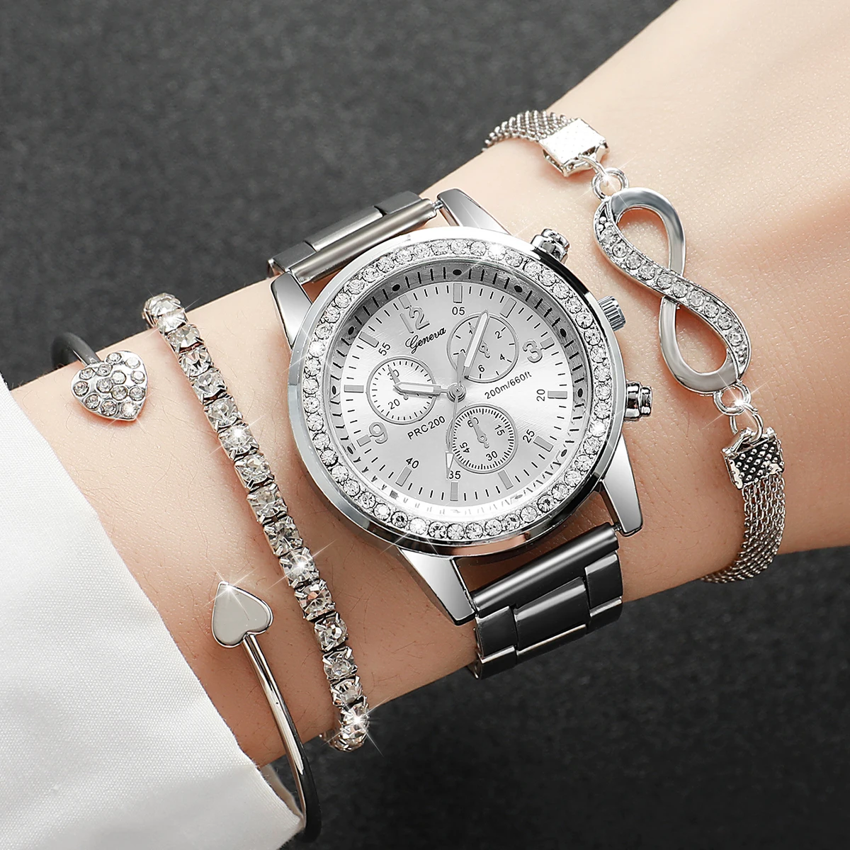 Women Fashion Silver Color Stainless Steel Quartz Watch & Silver Beads Jewelry S