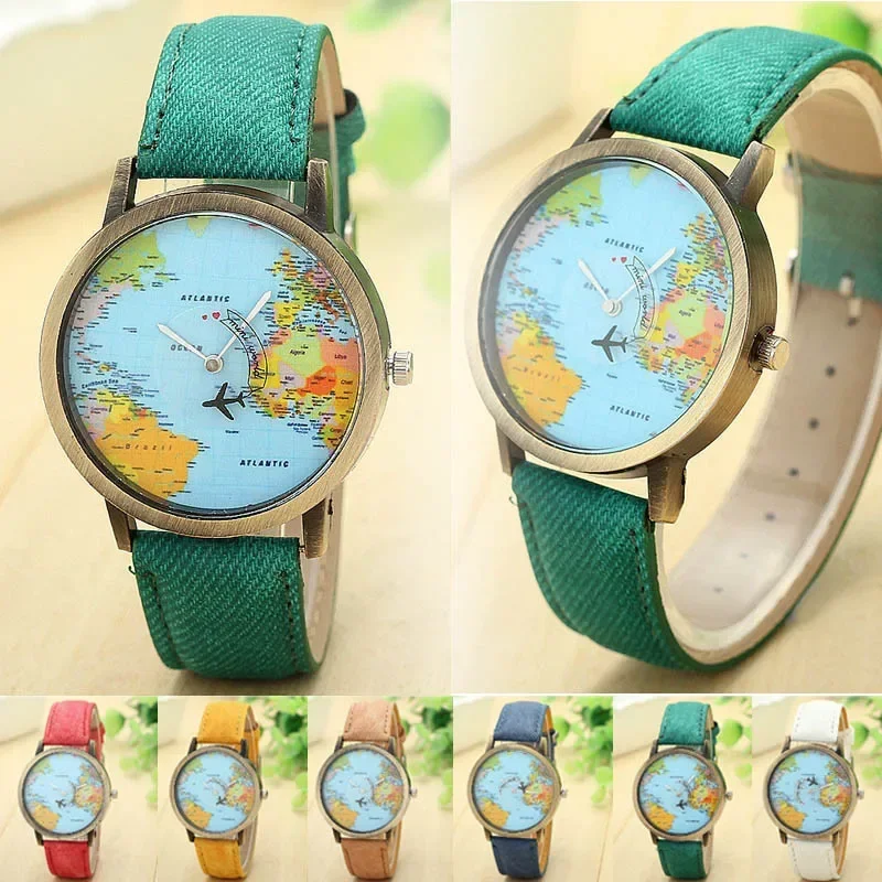 Fashion Global World Map Plane Denim Fabric Band Watches for Men Women Wristwatc