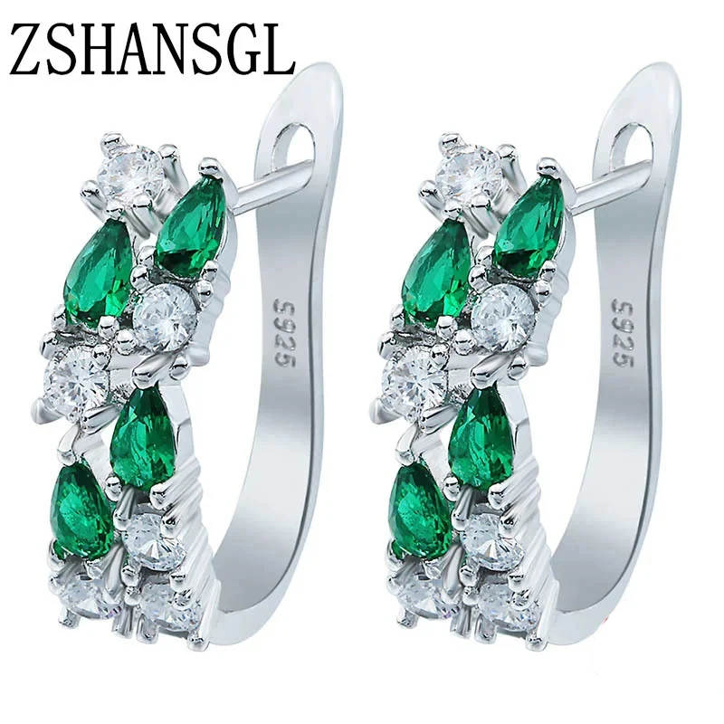 Slver Color Luxury Sterling Silver Color Earrings Flash Colorful CZ Zircon Ear S