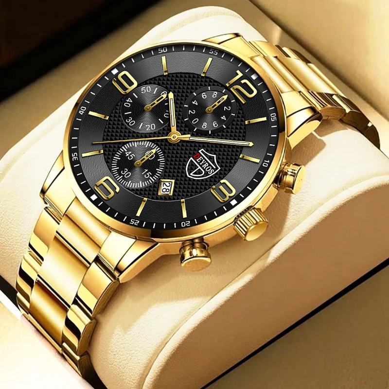 Luxury Mens Gold Stainless Steel Watches Fashion Men Business Leather Quartz Wat