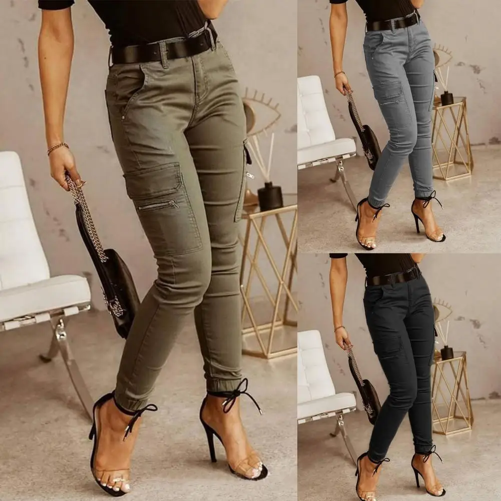 Casual Office Lady Trousers Lady Cargo Pants Low Waist Solid Color Ankle Tied Pa