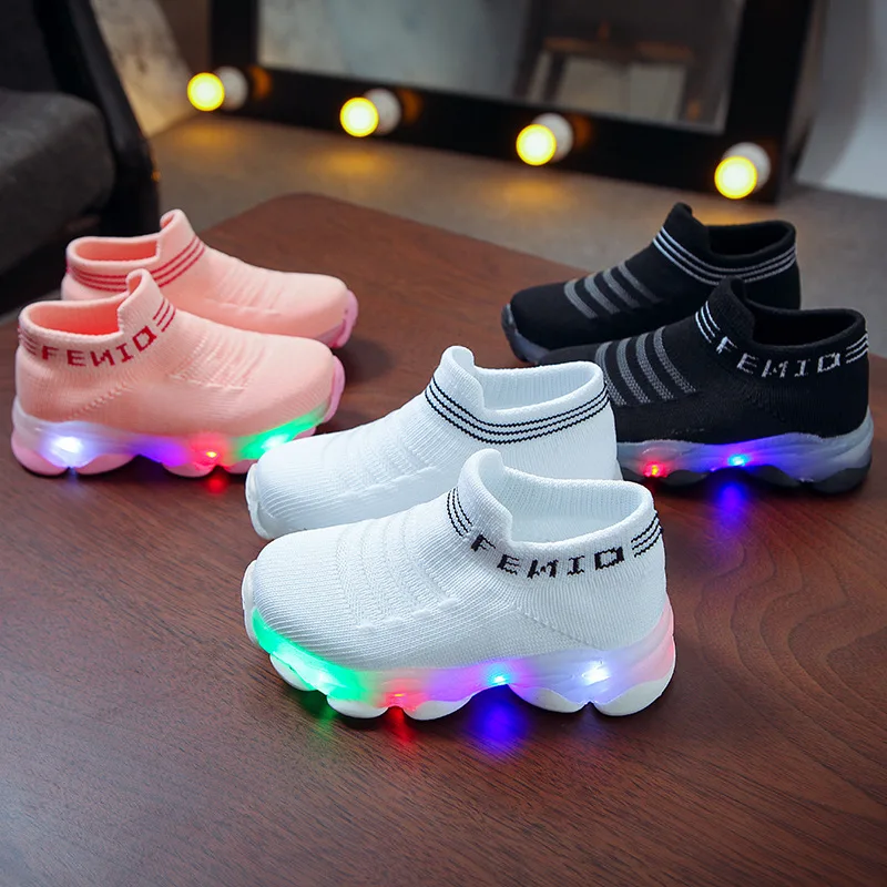 Kids Sneakers Children Baby Girls Boys Letter Mesh Led Luminous Socks Sport Run 