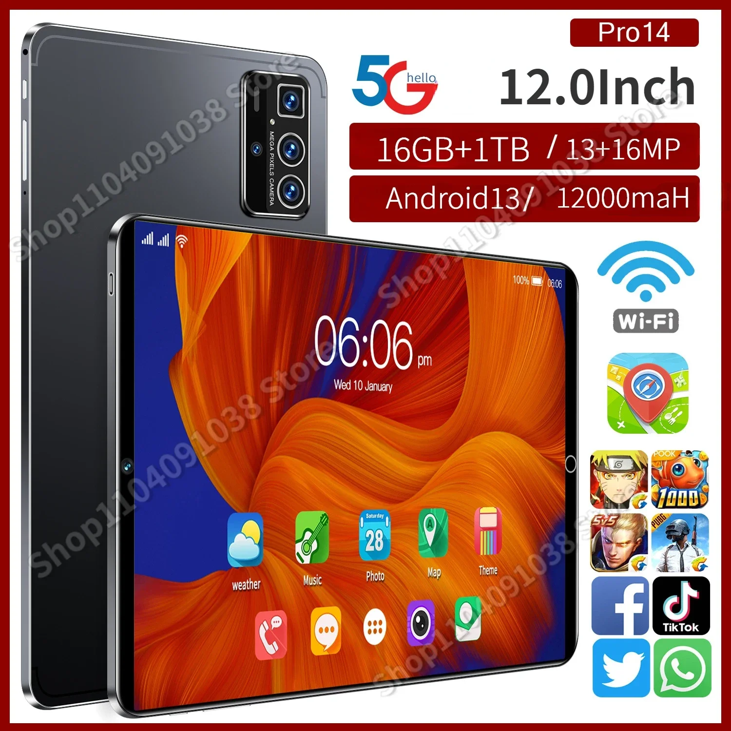 Original 12Inch Pro14 Tablet PC Android14 Tablet 16GB+1T 12000mAh 5G Bluetooth 5
