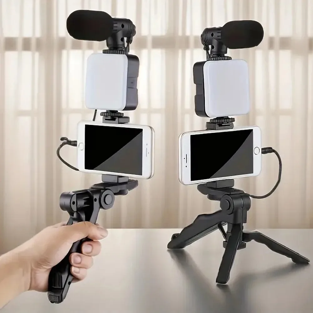 Smartphone Vlogging Kit With Tripod Phone Holder Mini Microphone LED Fill Light 