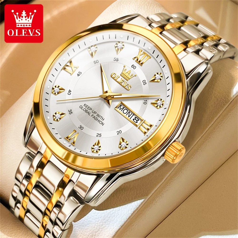 OLEVS Quartz Watch for Men Luxury Diamonds Gold Watch Waterproof Luminous Stainl
