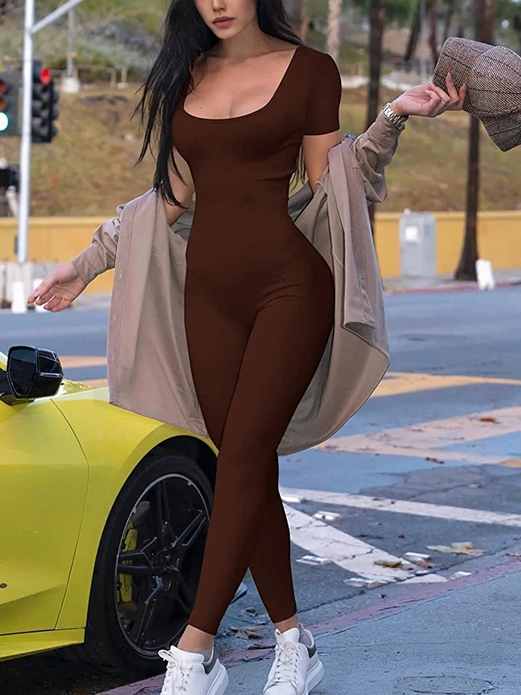 2024 spring and summer new women's short-sleeved solid color tight jumpsuit fash