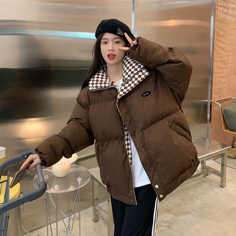 Y2K Plaid Women Warm Coat Korean Sweet Loose Pockets Long Sleeve Female Casual C