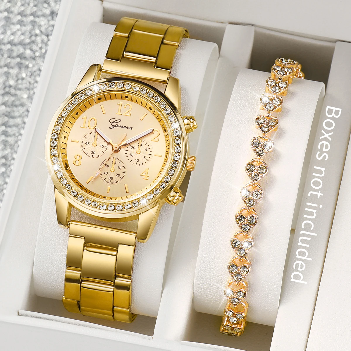 Fashion Women Stainless Steel Gold Color Quartz Watch & Diamond Bracelet