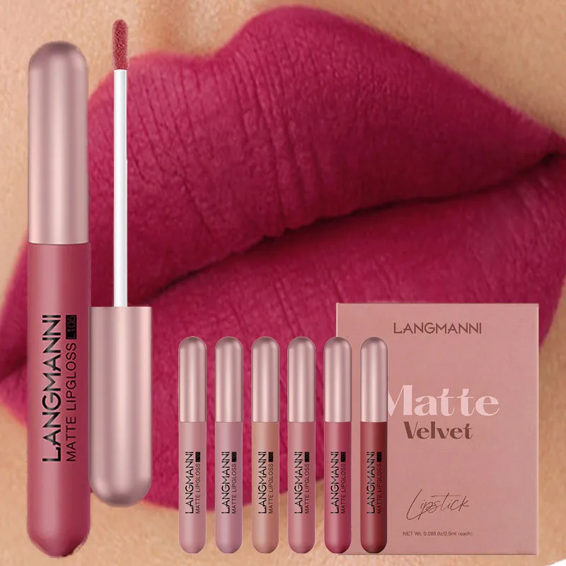 Langmanni new velvet matte lip gloss 6/pcs set lip glaze gift box longlasting li