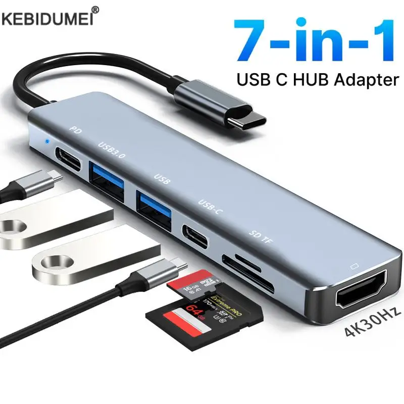 7 in 1 USB C HUB USB 3.0 HDMI 4K 60Hz Video USB2.0 SD TF Card Slot Reader Multi-