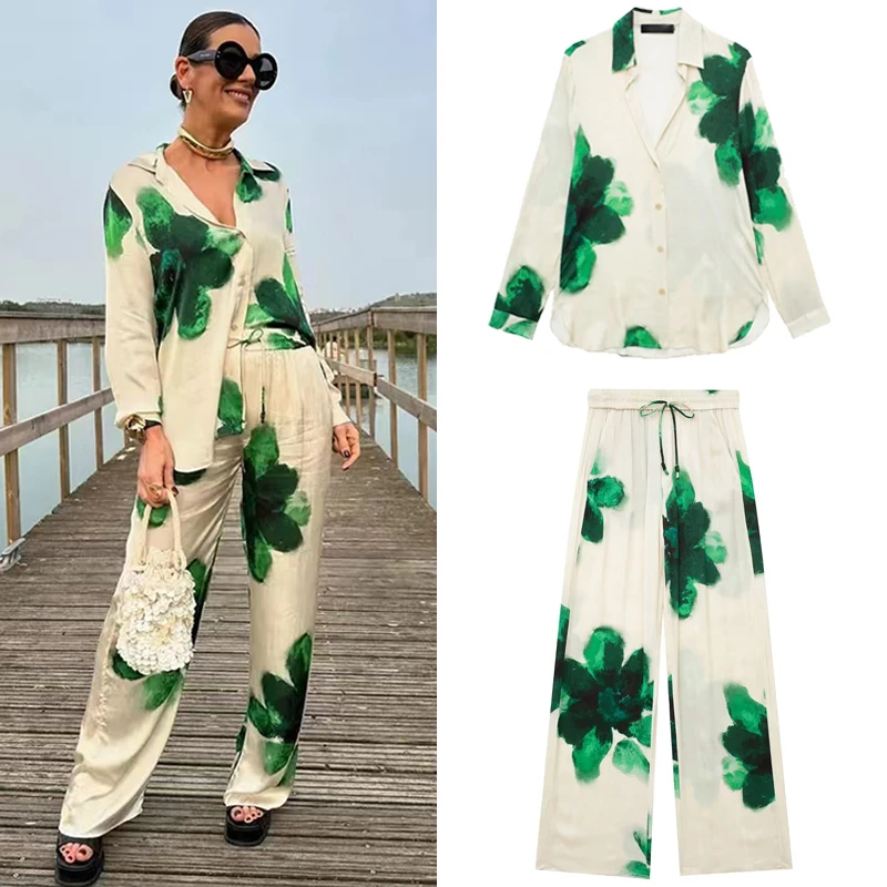 HXAO Casual Print Pant Sets For Women Long Sleeve Single Breasted Shirt And Lace