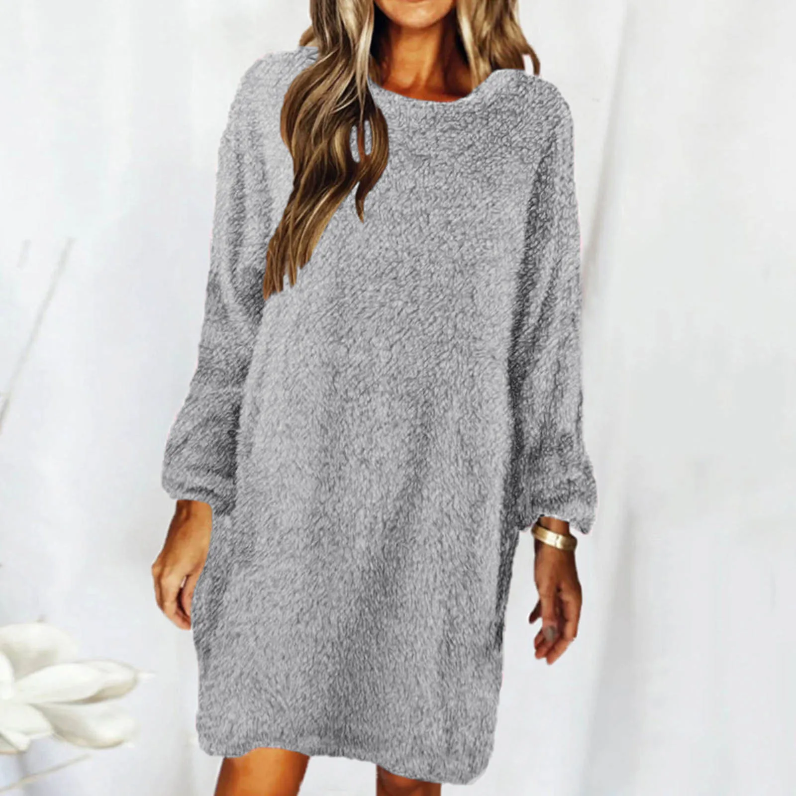 Winter Autumn Plush Sweater Mini Dress Women Casual Long Sleeve Pullovers Loose 