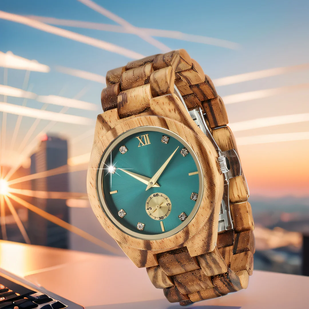 Wood Wrist Watch For Women Simulated Diamond Dial Clock Wife Girlfriend Fashion 