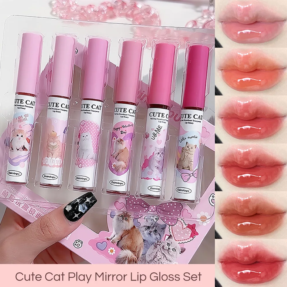 Cute Cat Fun Mirror Lip Glaze Set 6 Colors Highly Pigmented Lip Stain Hydrating 