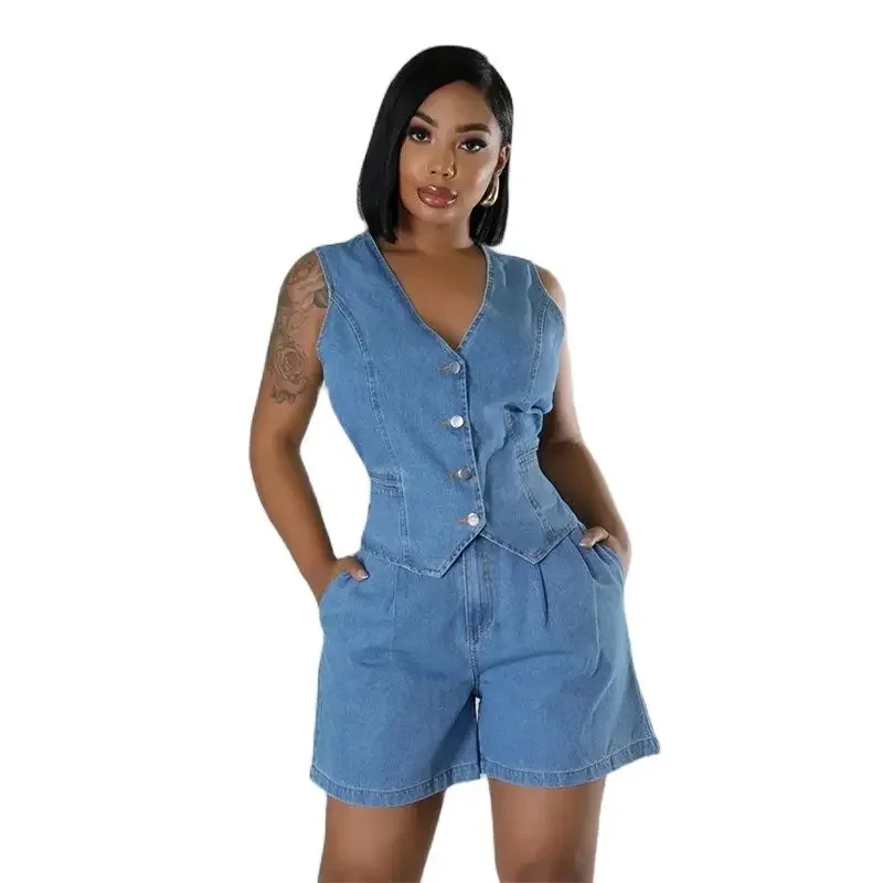Summer V Neck Sleeveless Waistcoats Women Two Piece Sets Straight Denim Shorts F
