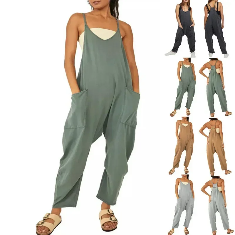 Summer Women's Casual Fashion Solid Color Suspender Pocket Jumpsuit One-piece Pa
