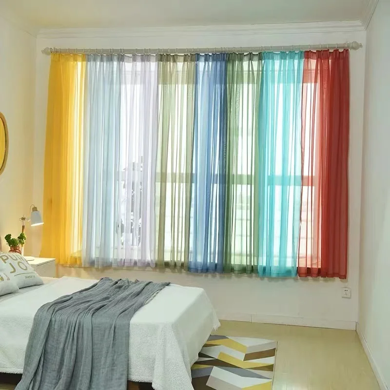 Free Customization Sheer Tulle Curtains Shading Heat Insulation Pure Color Rod P