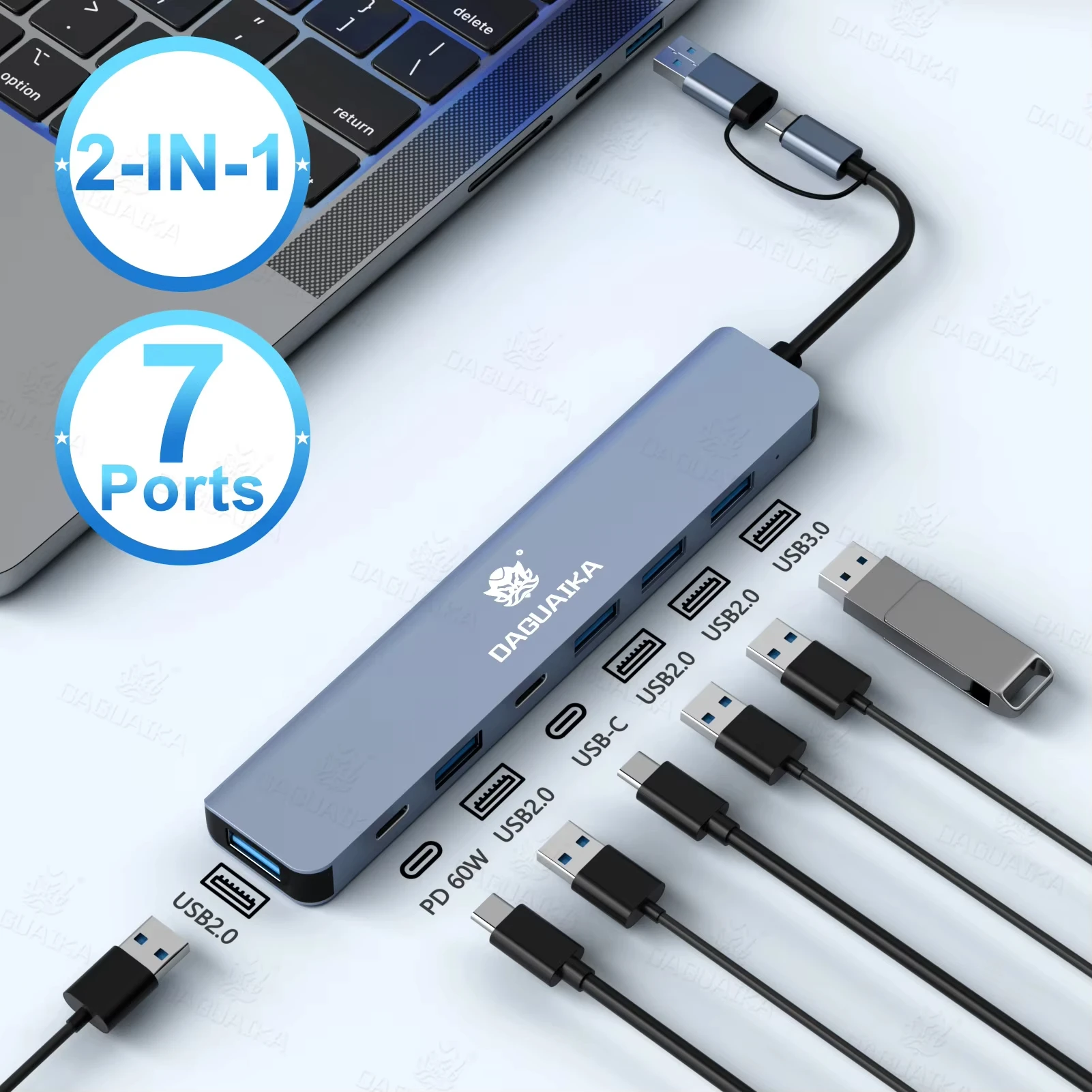 USB C Hub USB Hub 3.0 Aluminum 7 in 2 USB Extender, USB Splitter with 1 X USB 3.