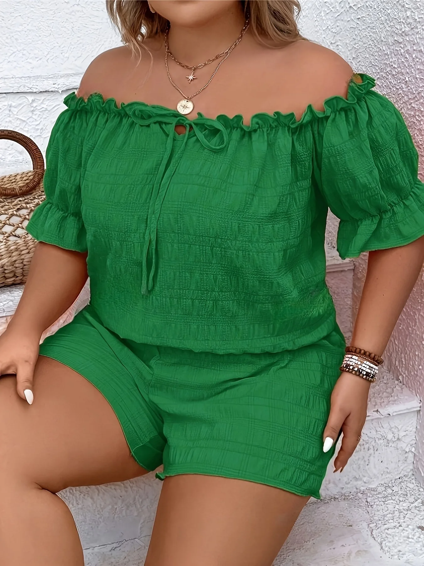 Plus Size Summer Women's Elegant Off Shoulder Shirt Short Pants 2 Piece Set Casu