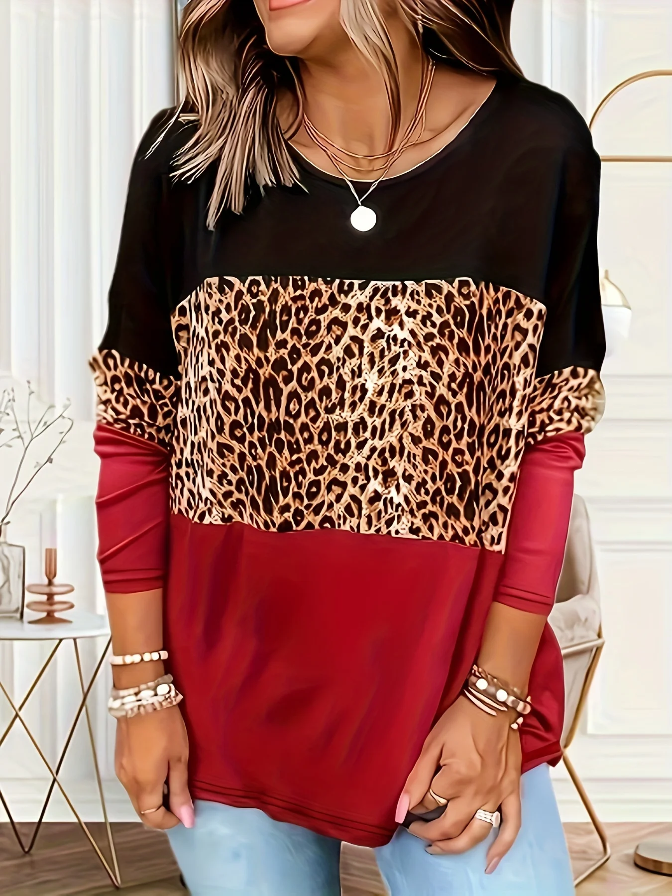 Plus Size Leopard Print Top Casual Crew Neck Long Sleeve Top Women's Plus Size C
