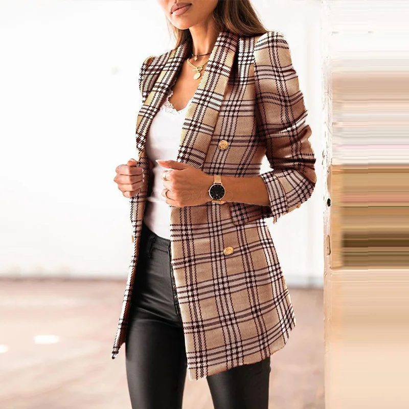 Women Jacket Autumn 2024 Traf Fashion Double Breasted Tweed Blazer Coat Vintage 