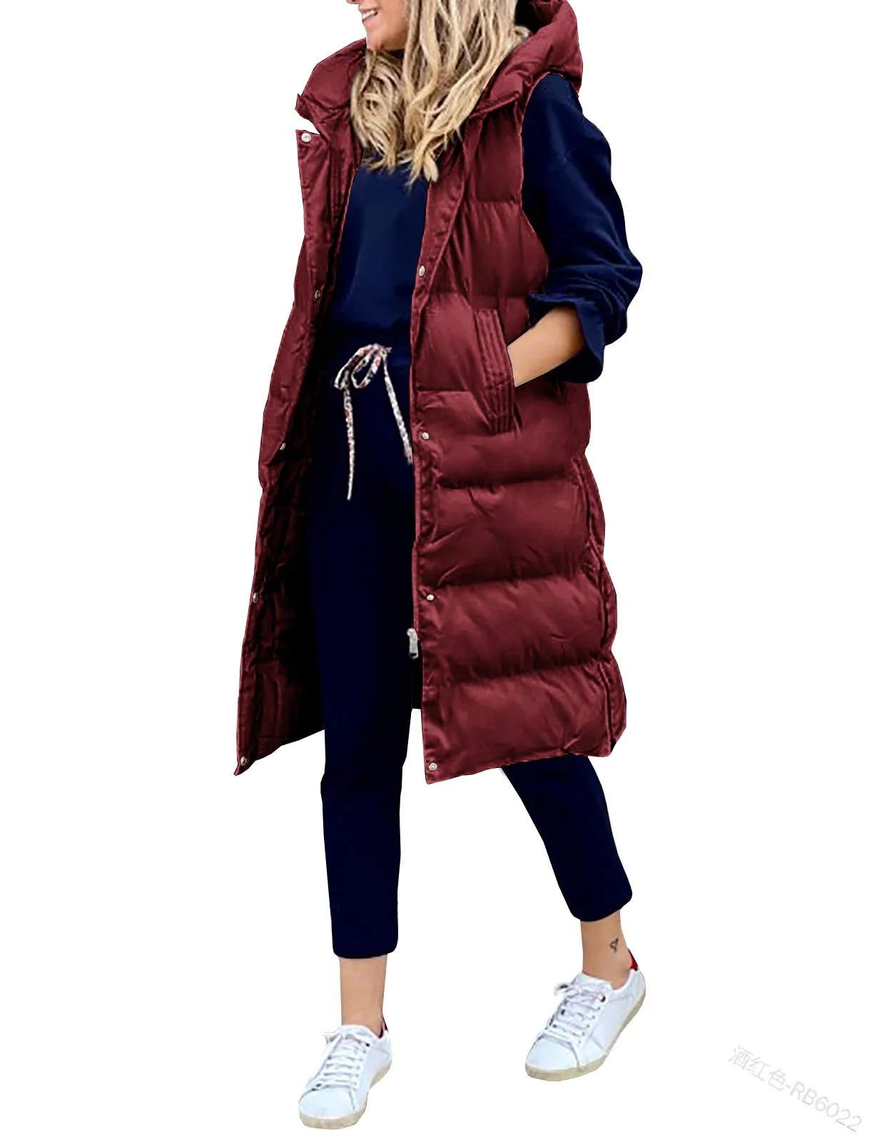 Women's Long Coat Vest With Hood Autumn Winter Sleeveless Warm Cotton Down Coat 