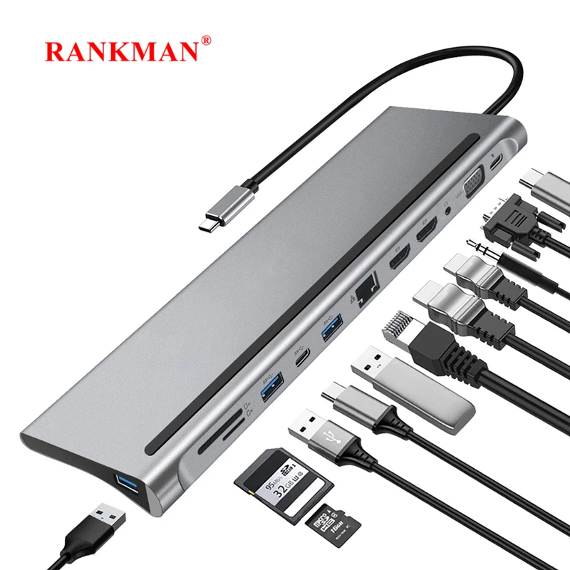 Rankman USB C Hub to RJ45 Type C 4K HDMI-Compatible VGA SD TF USB 3.0 Dock Stati