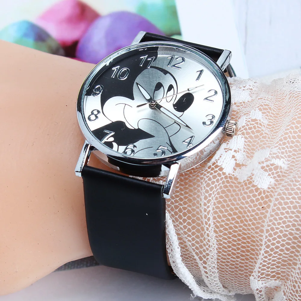 Disney Mickey Women Watches for Girls Black Leather Strap ultrathin Ladies Watch