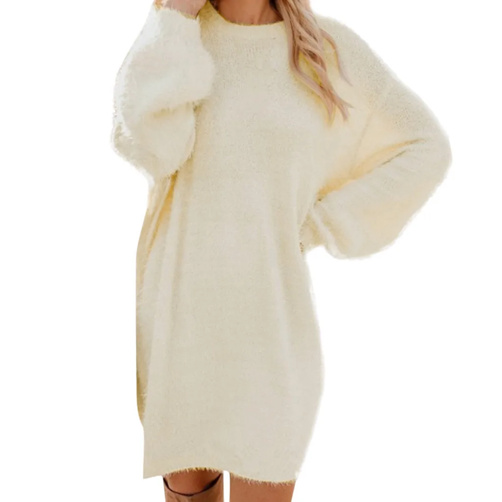 Plush Turtleneck Warm Mini Dress Women Winter Knit Pocket Fleece Solid Long Slee
