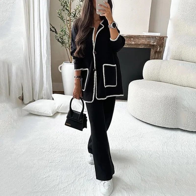 Shirt And Blouses Cardigan Coat Luxury 2-Piece Pocket Set Straight Long Pant Cas