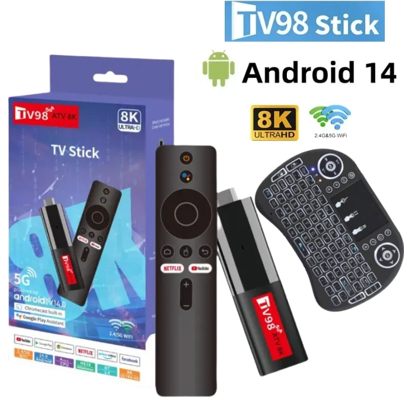 TV98 ATV Mini TV Stick Android 14 H618 2.4G 5G Wifi Support OTA 8K Media Player 