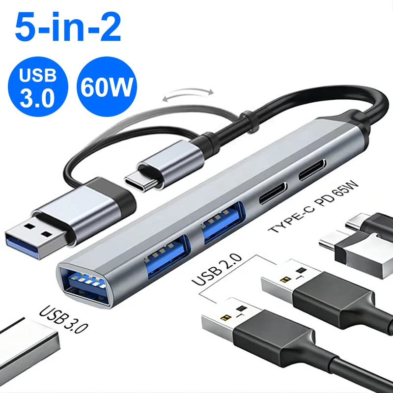 5-IN-2 USB C HUB Type C to USB 3.0 HUB PD 65W Multi USB Splitter Adapter OTG For