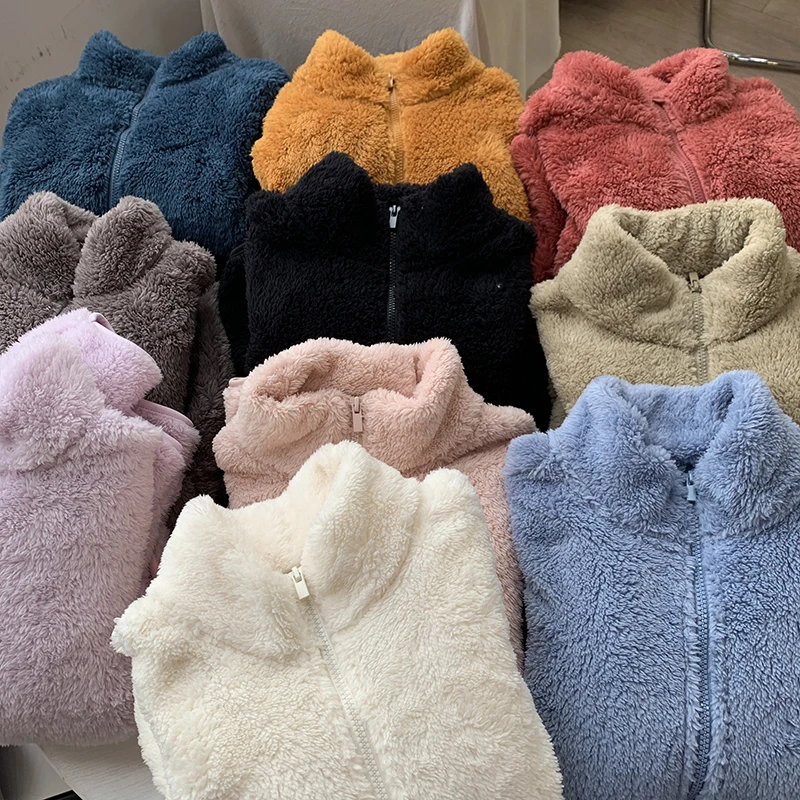 Korean style Coat Women Autumn Winter Women's Long Plush Fleece Zipper Jacket Wo
