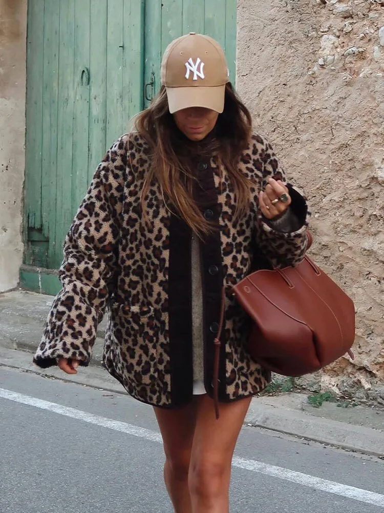 Woman Leopard Jacket Retro Stand Collar Pocket Warm Ladies Outfit 2024 Autumn Wi