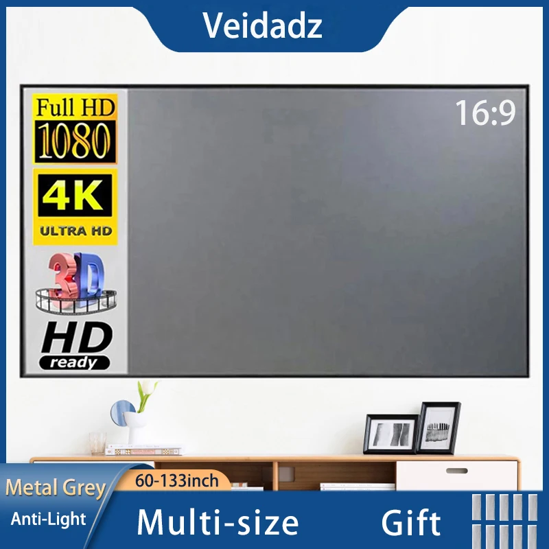 VEIDADZ Projector Screen 60-133 inch Metal Grey 16:9 Anti-Light Foldable Portabl