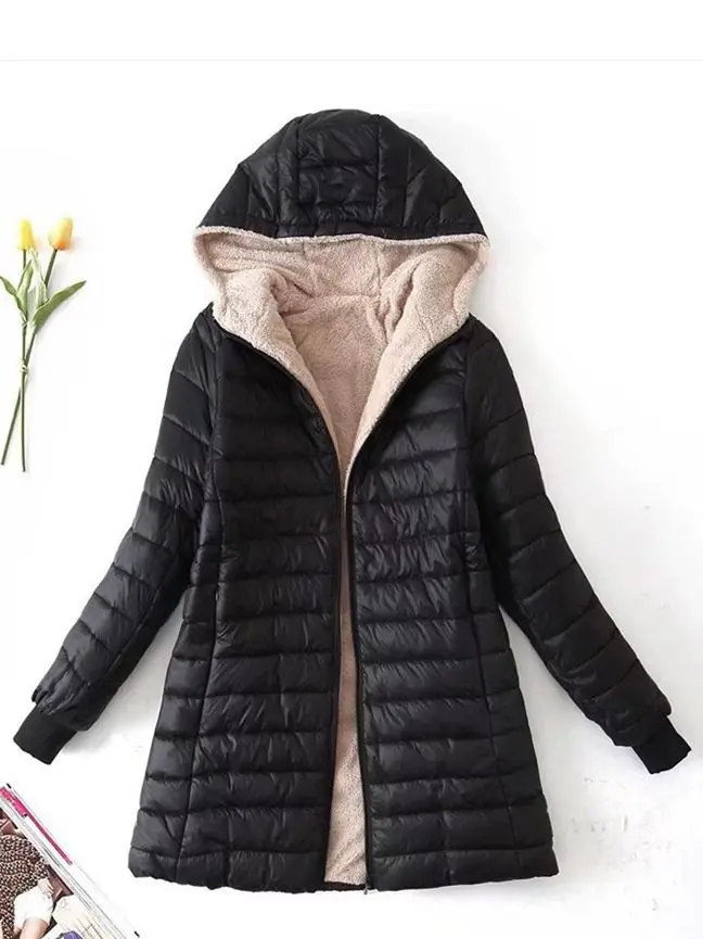 Women's winter Jacket New Mid Length Korean Edition Hooded Fit Plus Fleece Cotto