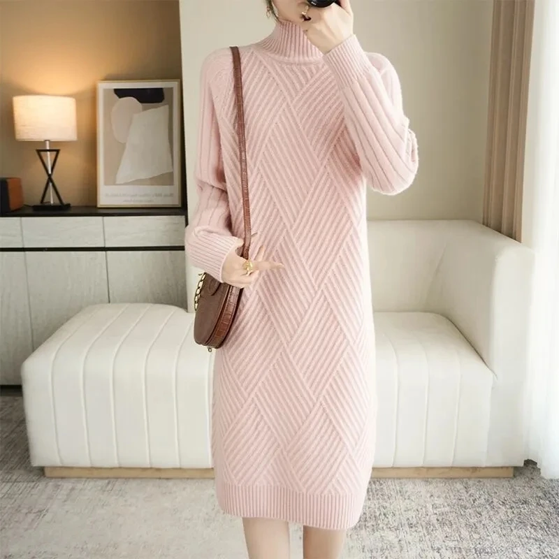 Long Sleeve Bottoming Knitted Dresses Autumn Winter Warm Korean Turtleneck Strai
