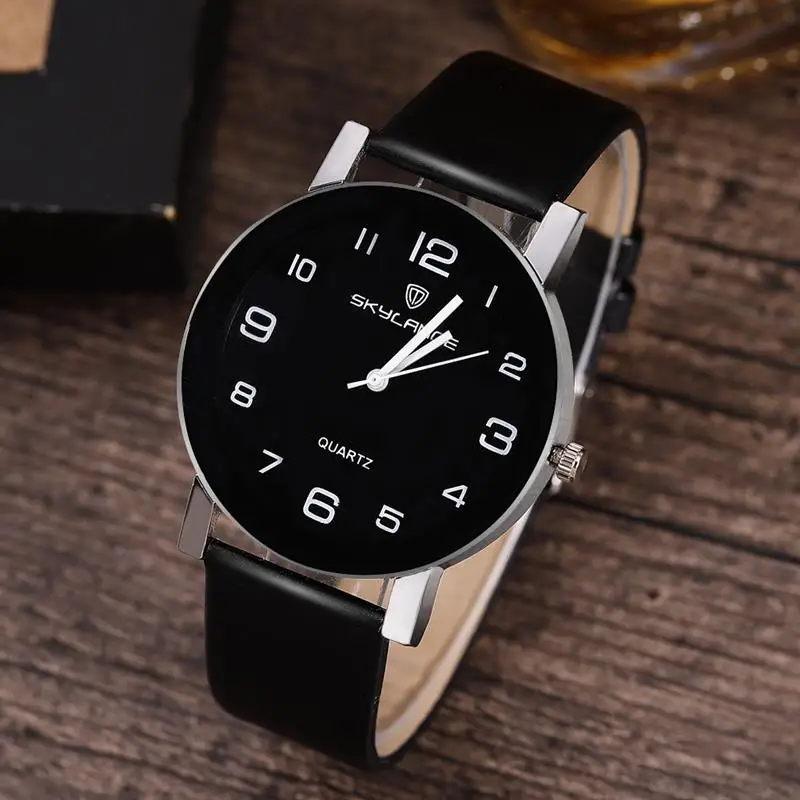 Women Black Watch Hot Sale Leather Band Stainless Steel Analog Quartz Wristwatch