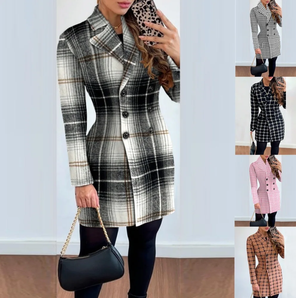 Autumn Winter Fashion Plaid Woolen Coat Dress Women Causal Office Ladies V-neck 