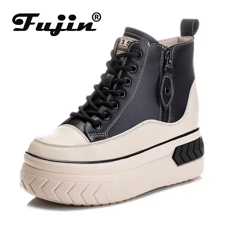 Fujin High Top Women Shoes Genuine Leather 8cm Platform Boots Wedge Hidden Heel 