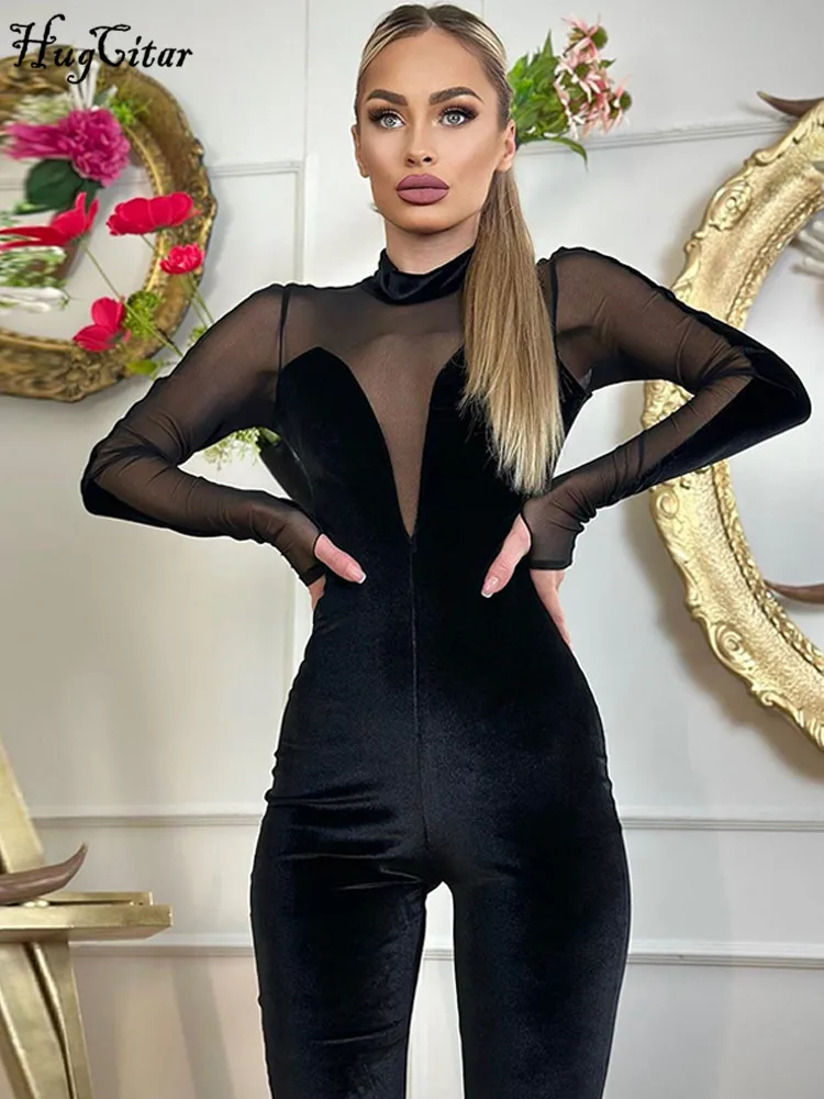 Hugcitar Velvet Long Sleeve Patchwork Mesh Zip Up See Through Sexy Bodycon Jumps