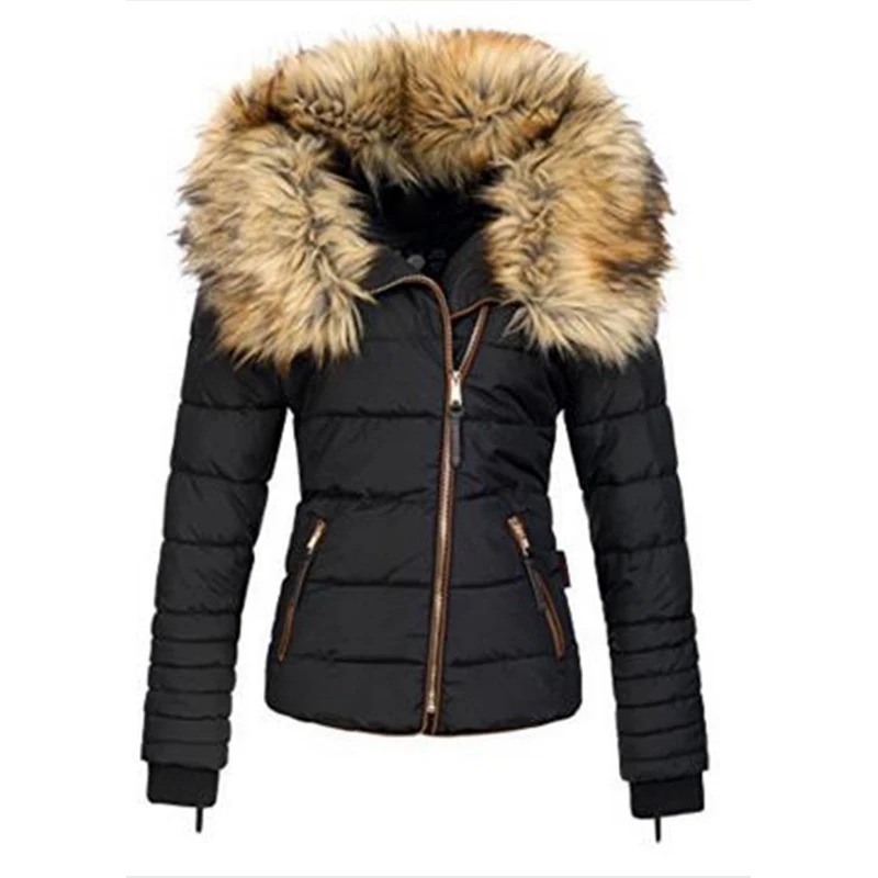 Women Fur Collar Warm Jacket Thickened Solid Color Slim Fit Casual Fashion Versa