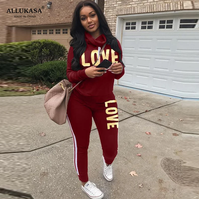 2 Piece Set Women Outfit LOVE Letter Print High Neck Hoodies Sweatshirt Pants Tr