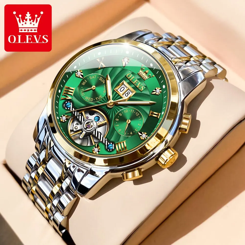 OLEVS Mens Watch Automatic Mechanical Tourbillon Slef-Wind Luxury Stainless Stee