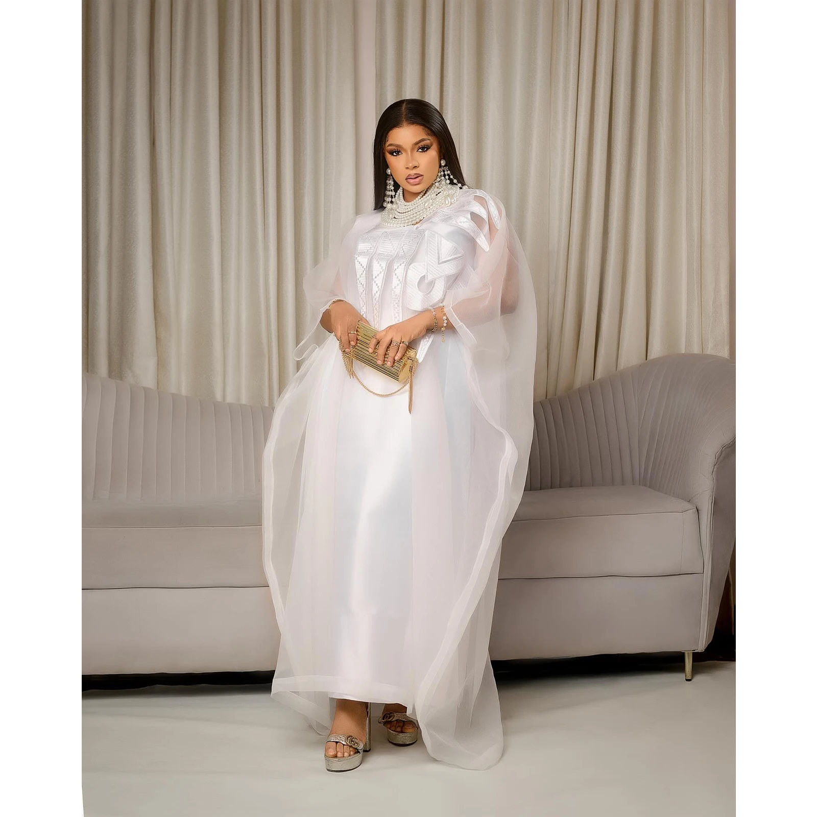 African Attire For Women White Abaya Embroidery Plus Size Elegant Party Church D
