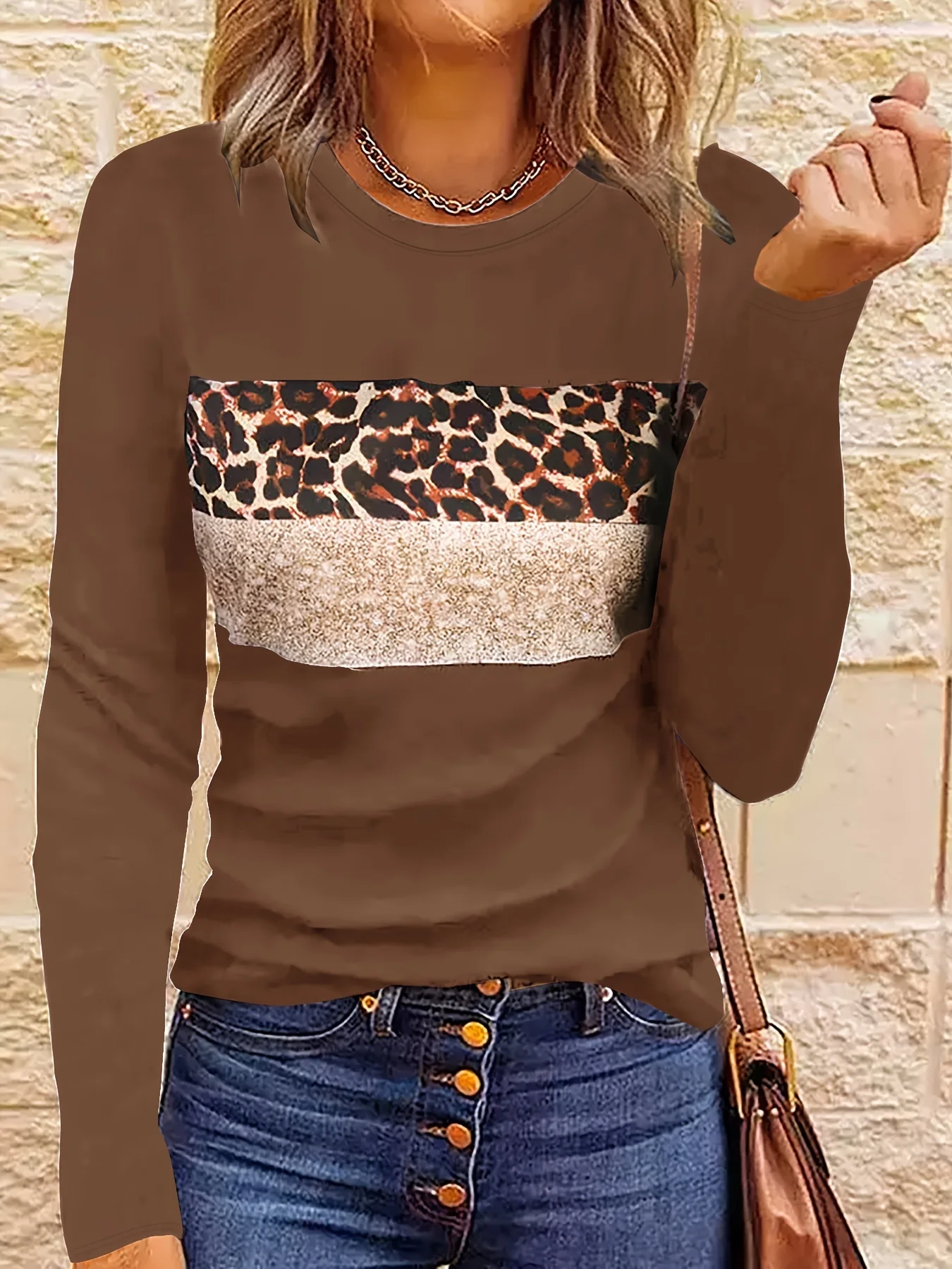 Women Fashion Leopard Printed T-Shirts Basic Casual O Neck Full Long Sleeve Tee 