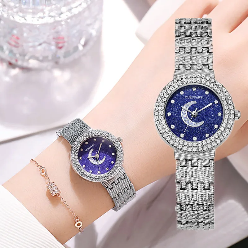 Fashion Design Moon Watch Women Blue Watches Luxury Diamond Silver Metal Band Qu